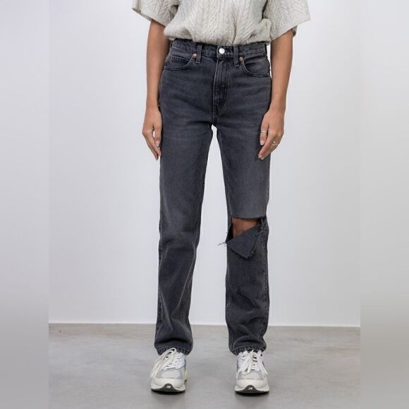 Re/Done 70's High Rise Straight Leg Distressed Denim Jeans In Black Size 27 NWT - Picture 7 of 16